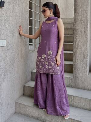 Women's Beautiful Embroidery Work French Crepe Fabric Straight Kurta Sharara and Dupatta Set 3