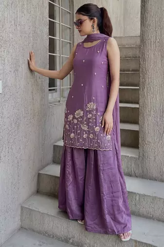 Women's Beautiful Embroidery Work French Crepe Fabric Straight Kurta Sharara and Dupatta Set