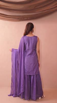 Women's Beautiful Embroidery Work French Crepe Fabric Straight Kurta Sharara and Dupatta Set 4