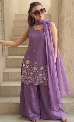 Women's Beautiful Embroidery Work French Crepe Fabric Straight Kurta Sharara and Dupatta Set 5