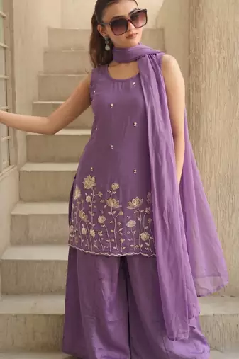 Women's Beautiful Embroidery Work French Crepe Fabric Straight Kurta Sharara and Dupatta Set