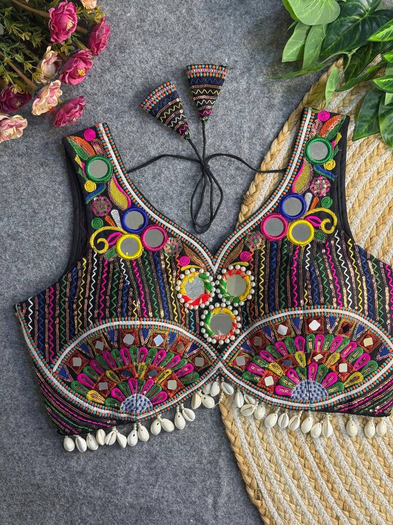 Black navratri multi mirror work apple cut blouse