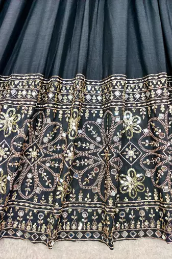 Black silk blend embroidered flared gown set