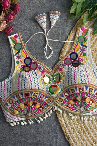 White navratri multi mirror work apple cut blouse