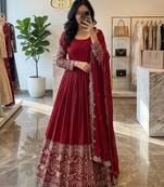 Red silk blend embroidered flared gown set