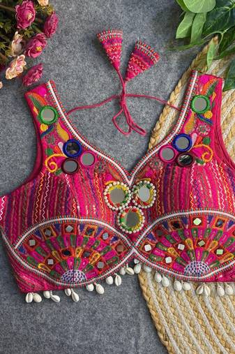 Rani pink navratri multi mirror work apple cut blouse