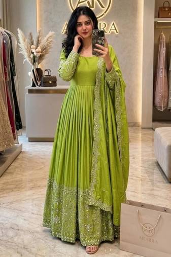 Green silk blend embroidered flared gown set