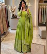 Green silk blend embroidered flared gown set