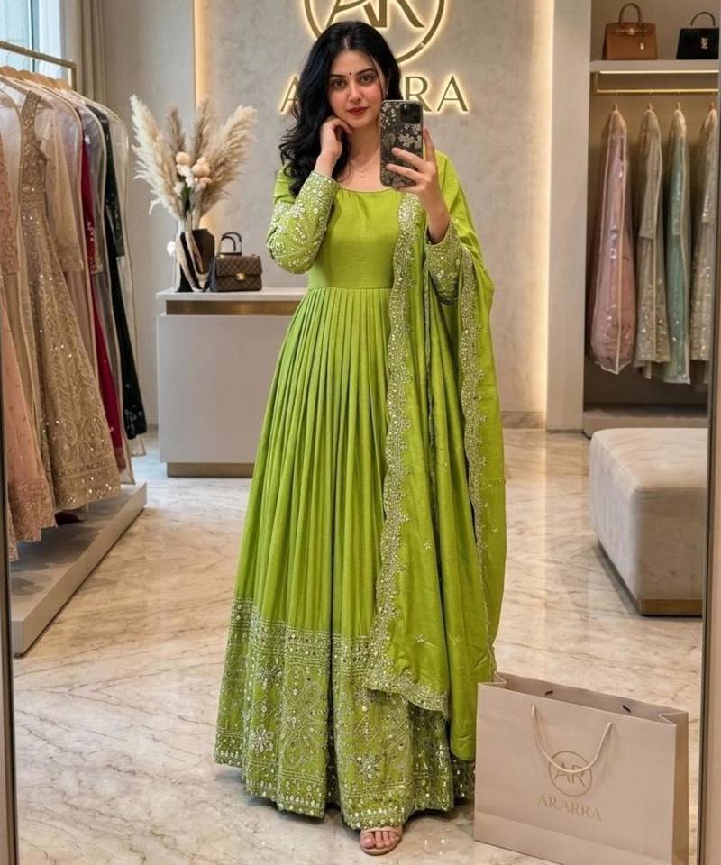 Green silk blend embroidered flared gown set