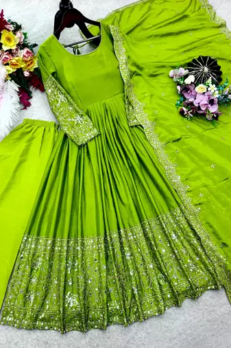 Green silk blend embroidered flared gown set