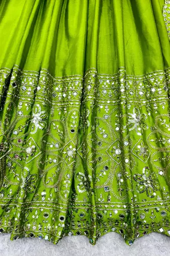 Green silk blend embroidered flared gown set