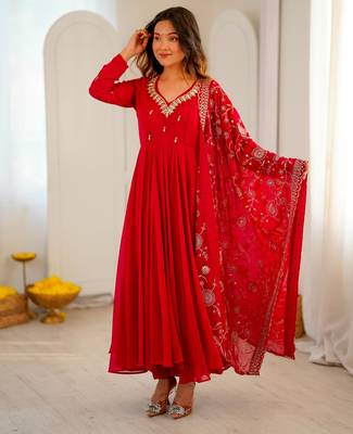 Red faux georgette embroidered flared gown set 1
