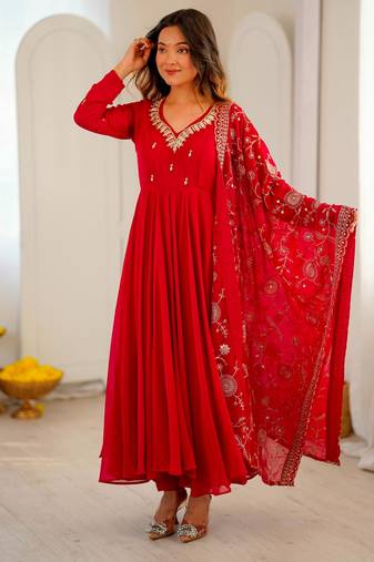 Red faux georgette embroidered flared gown set