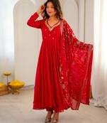 Red faux georgette embroidered flared gown set