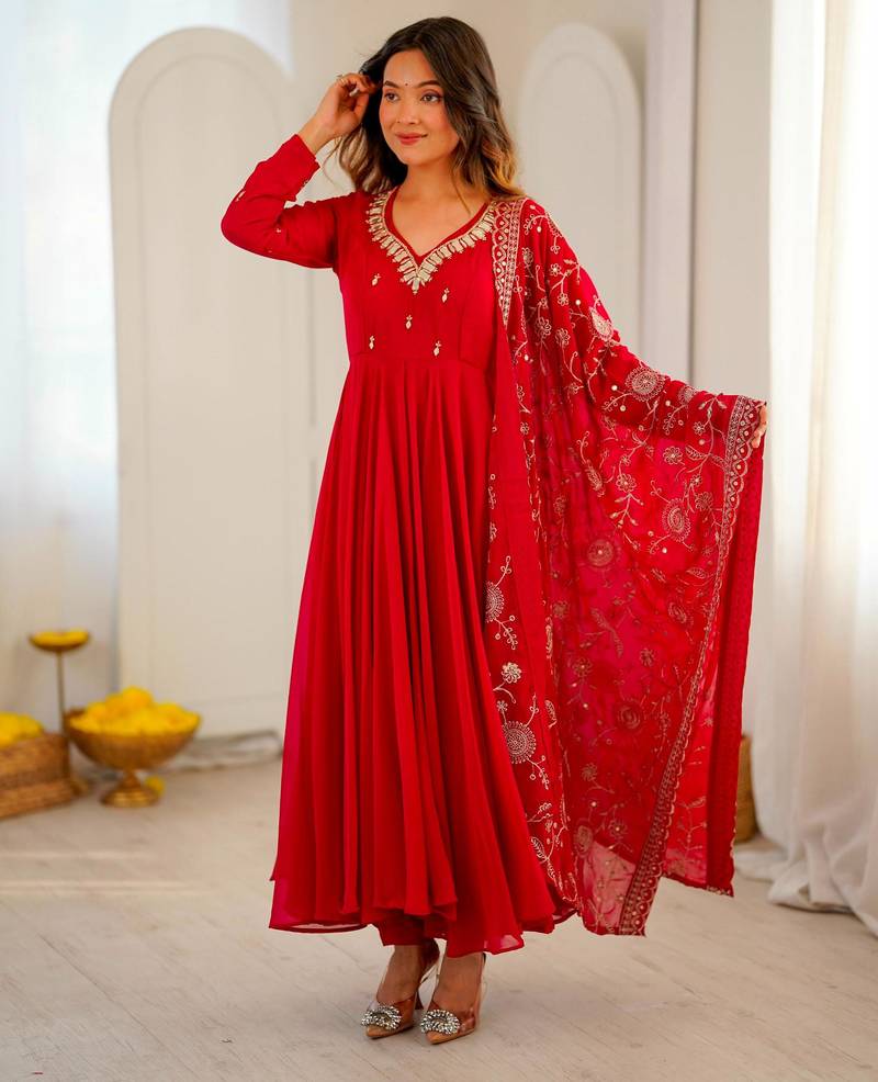 Red faux georgette embroidered flared gown set