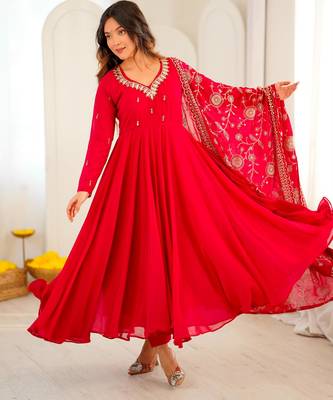 Red faux georgette embroidered flared gown set 2