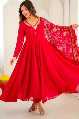 Red faux georgette embroidered flared gown set