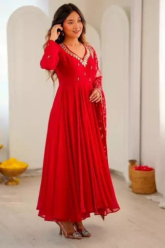 Red faux georgette embroidered flared gown set