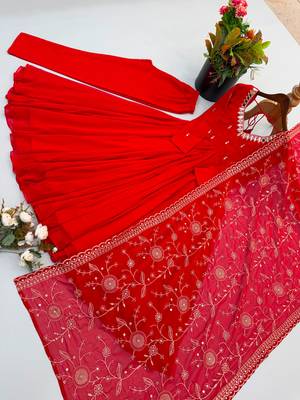 Red faux georgette embroidered flared gown set 4