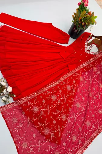 Red faux georgette embroidered flared gown set