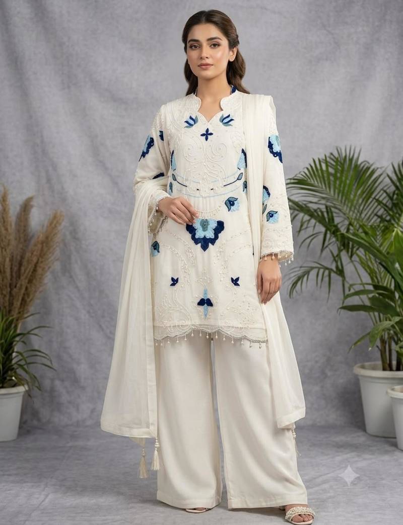 Off-white organza embroidered palazzo set