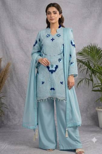 Aqua-blue organza embroidered palazzo set
