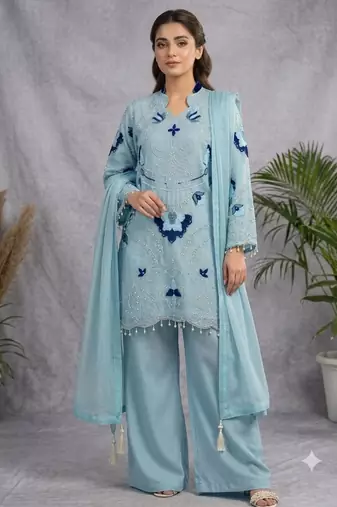 Aqua-blue organza embroidered palazzo set