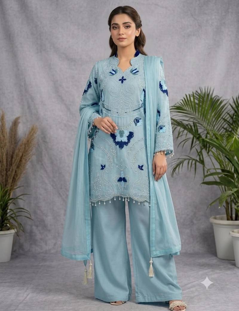 Aqua-blue organza embroidered palazzo set