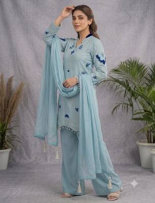 Aqua-blue organza embroidered palazzo set 2