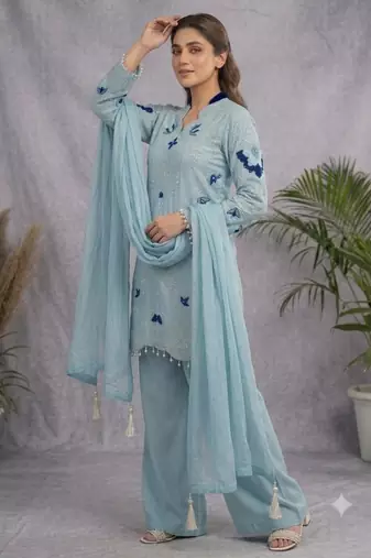 Aqua-blue organza embroidered palazzo set