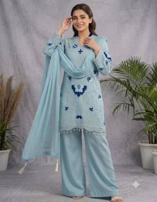 Aqua-blue organza embroidered palazzo set 3