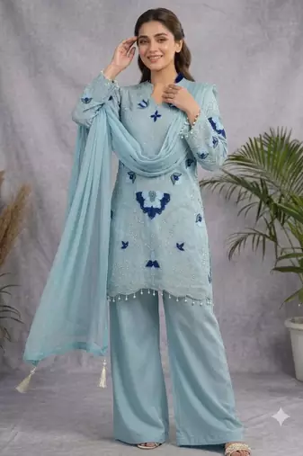 Aqua-blue organza embroidered palazzo set
