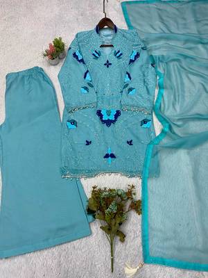 Aqua-blue organza embroidered palazzo set 4