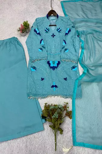 Aqua-blue organza embroidered palazzo set