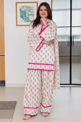 White crepe printed farshi salwar set