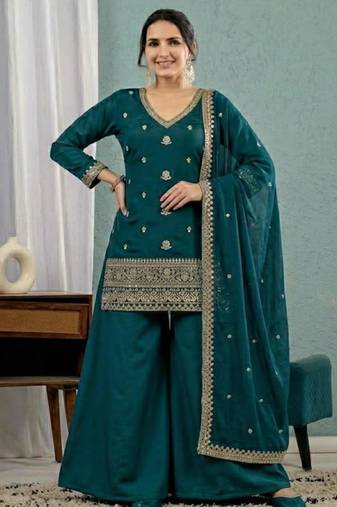 Teal-green silk blend embroidered palazzo set
