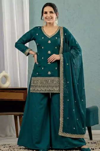 Teal-green silk blend embroidered palazzo set
