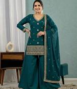 Teal-green silk blend embroidered palazzo set