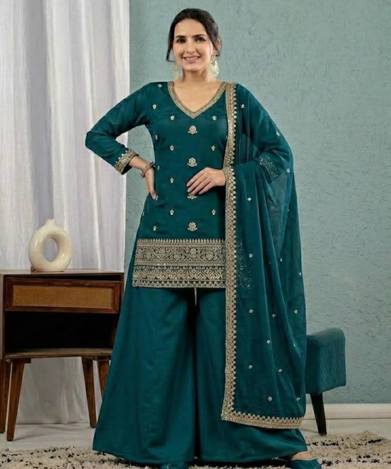 Teal-green silk blend embroidered palazzo set