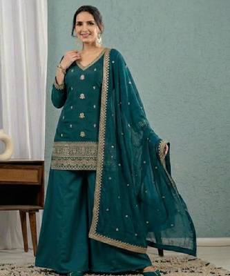 Teal-green silk blend embroidered palazzo set 2