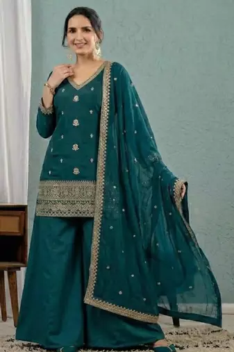 Teal-green silk blend embroidered palazzo set
