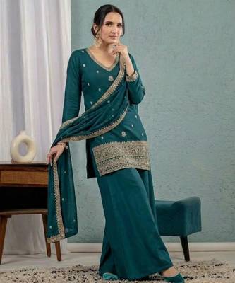 Teal-green silk blend embroidered palazzo set 3