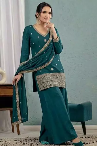 Teal-green silk blend embroidered palazzo set
