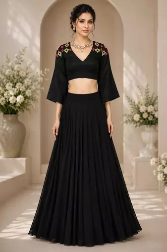 Black Georgette Plain Crop Top Lehengas