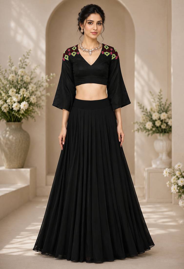 Black Georgette Plain Crop Top Lehengas