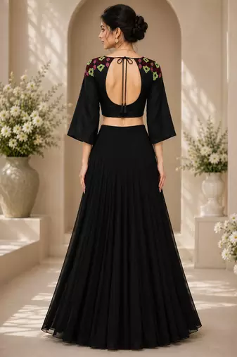 Black Georgette Plain Crop Top Lehengas