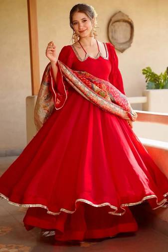 Red silk blend lace anarkali set
