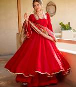 Red silk blend lace anarkali set