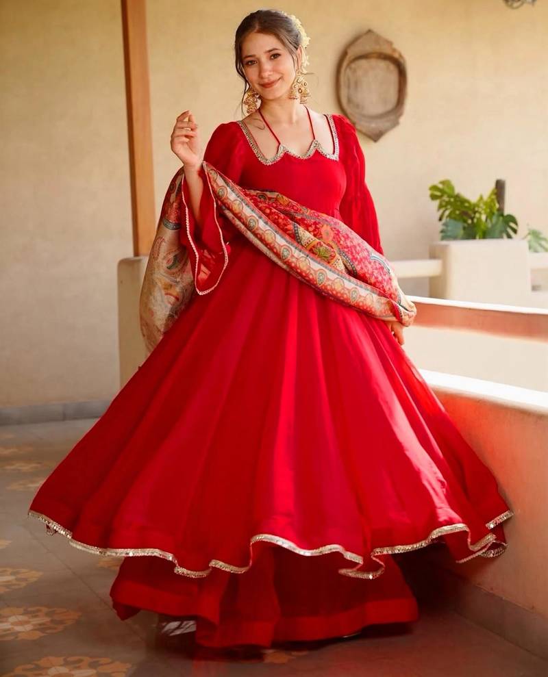 Red silk blend lace anarkali set