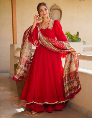 Red silk blend lace anarkali set 2